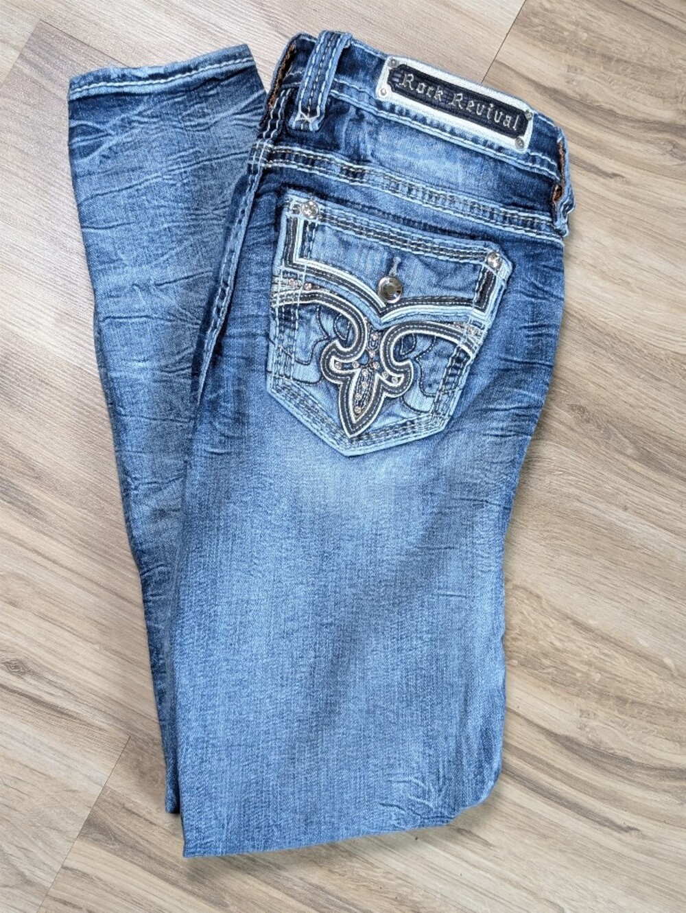Rock Revival Jeans Women Size 29 Peacoat Skinny Distressed Ankle Rhinestones Y2k